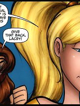 JKR comix. Cartoon girls discuss the superhero costume