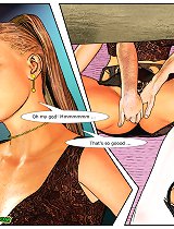 While boy going to restroom his wife flirt with two guys cuckold comics